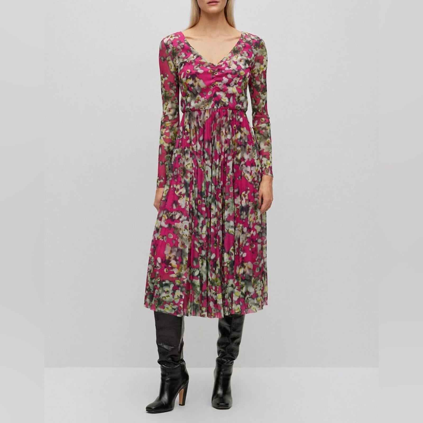 HUGO BOSS Long Sleeve Dress in Plissé Tulle with Seasonal Print Size S NEW w/Tag