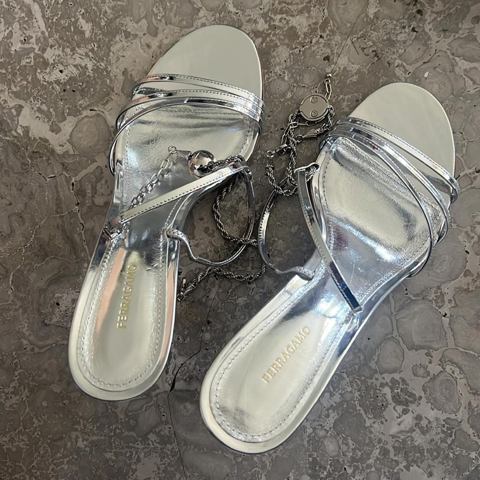 Ferragamo Denise Sandals 70mm in Silver, Size 7 NEW in Box