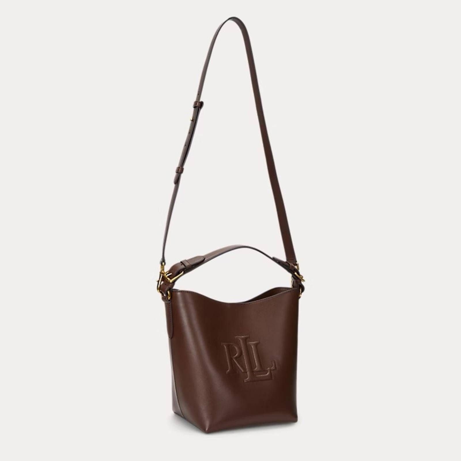 Lauren Ralph Lauren Leather Medium Witley Bucket Bag in Dark Mahogany, NEW