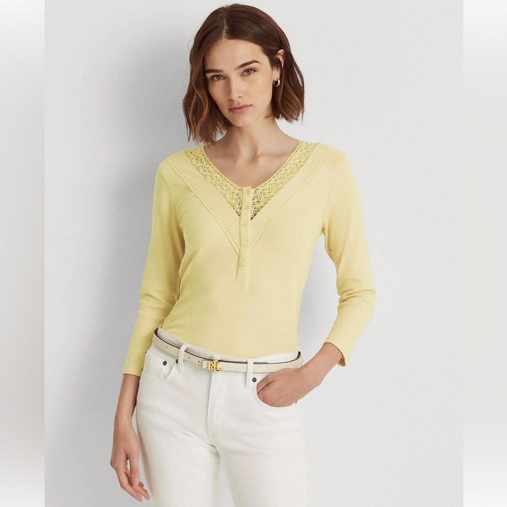 Ralph Lauren Lace-Trim Henley Top, Yellow Bloom Size XXL New w/Tag