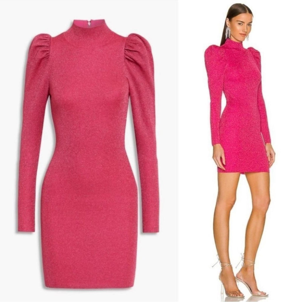 Alice+Olivia Issa Turtleneck Puff Sleeve Dress, Pink Metallic Size L NWT $395