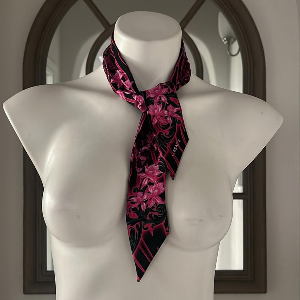 VERSACE Orchid Print Silk Skinny Scarf, NEW w/Tag