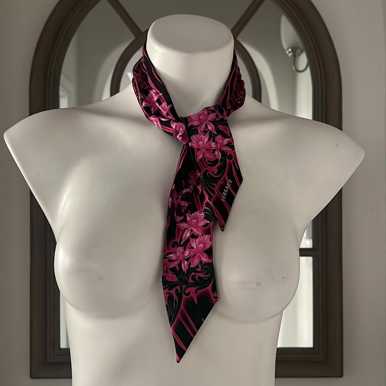 VERSACE Orchid Print Silk Skinny Scarf, NEW w/Tag