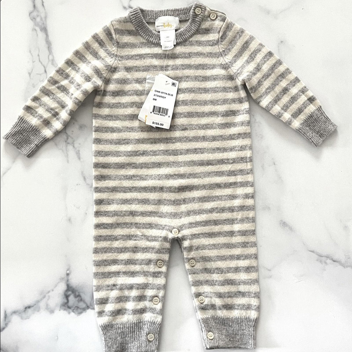 Bloomie's Baby Ivory Grey Stripe Cashmere Coverall, Size 6M, NEW w/Tag $155