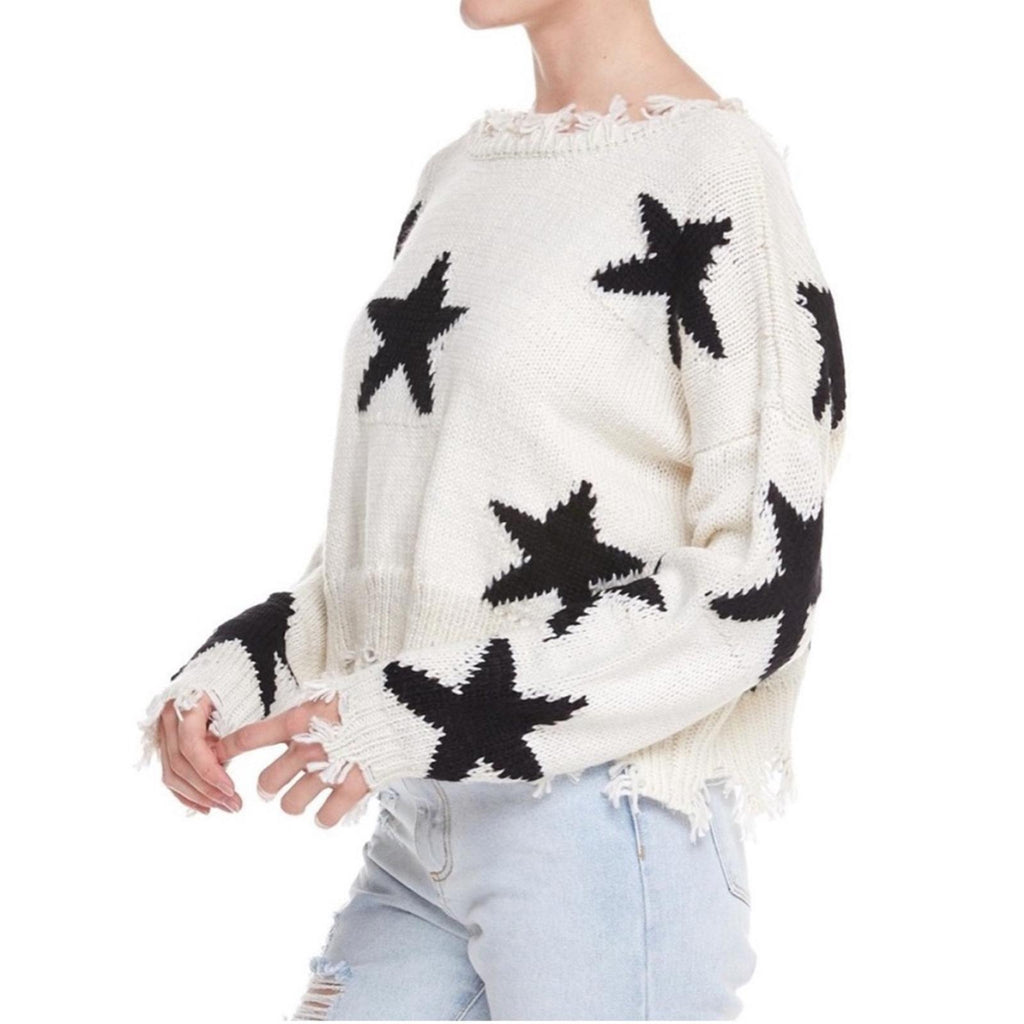 STORIA Oversized Distressed Star Sweater with V-Neck Back, Size S EXCELLENT!