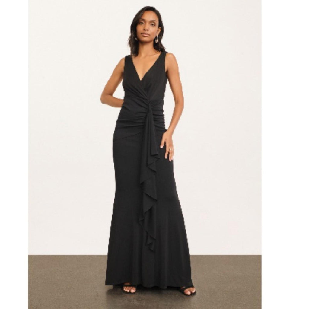 Donna Karan New York Social Occasion V-Neck Ruched Gown in Black Size 6 NWT $495