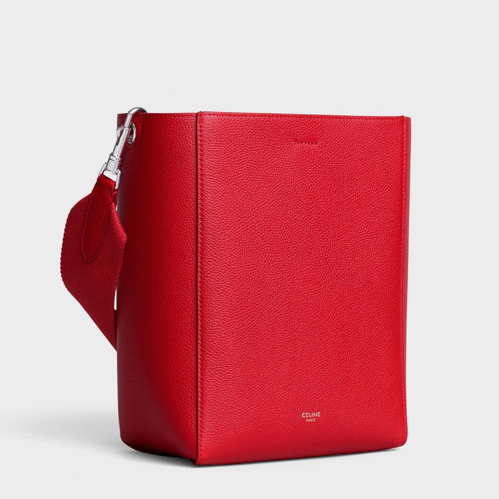 Celine Sangle Small Bucket Bag in Small Grain Calfskin in Red, Like NEW