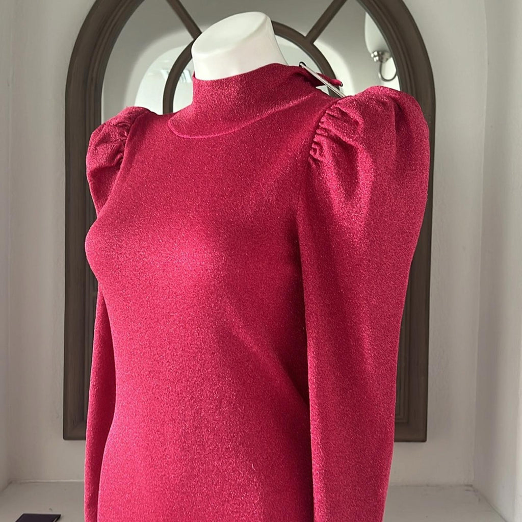 Alice+Olivia Issa Turtleneck Puff Sleeve Dress, Pink Metallic Size L NWT $395