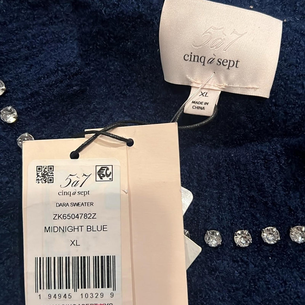 Cinq à Sept Dara Embellished Wool Sweater, Midnight Blue Size XL NEW w/Tag $325
