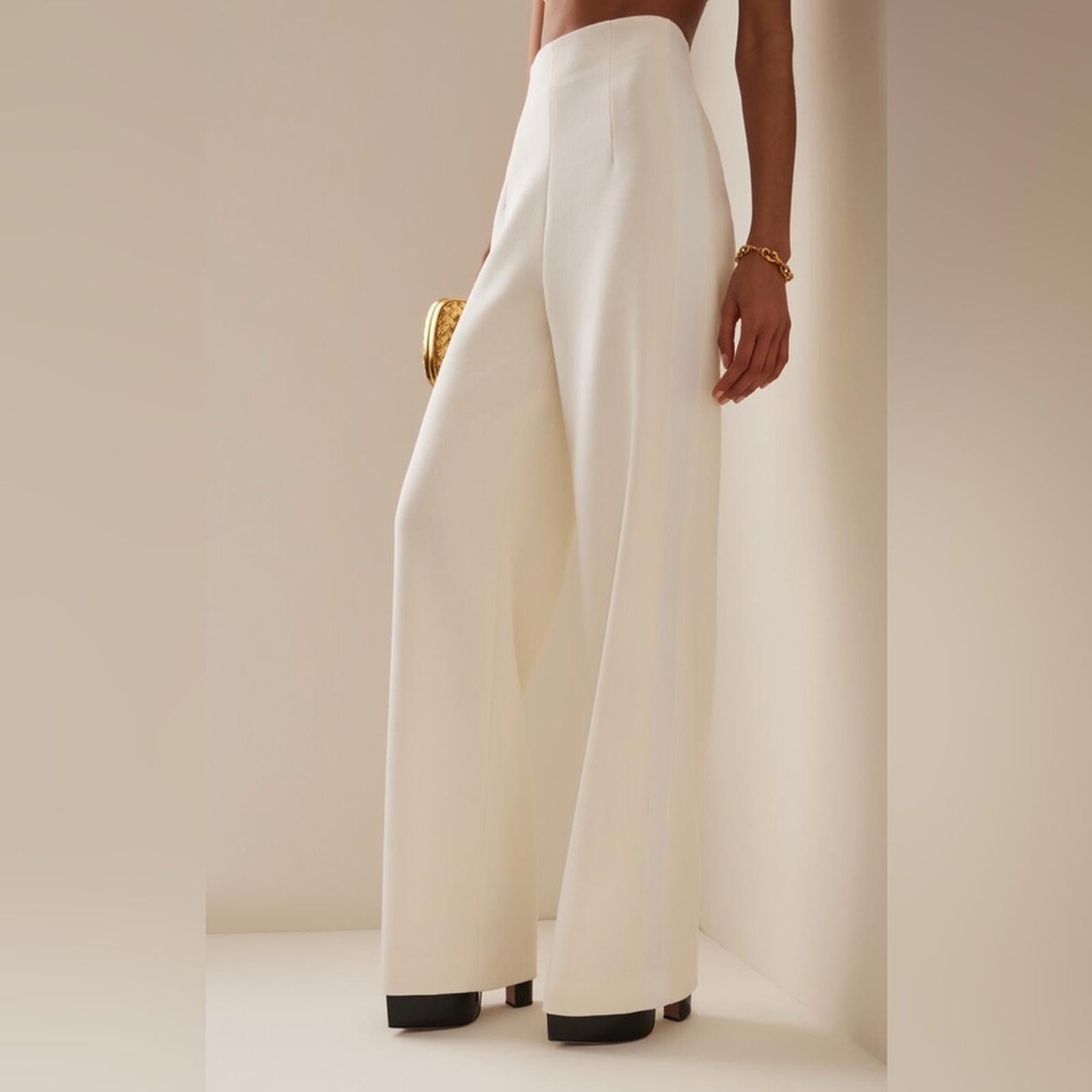 Sergio Hudson Silk Satin-Trimmed Wool-Blend Crepe Wide-Leg Pants Size2 NWT $1225