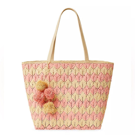 BTB Los Angeles Bria Straw Tote, Natural Rose O/S New w/Tag Retail $199