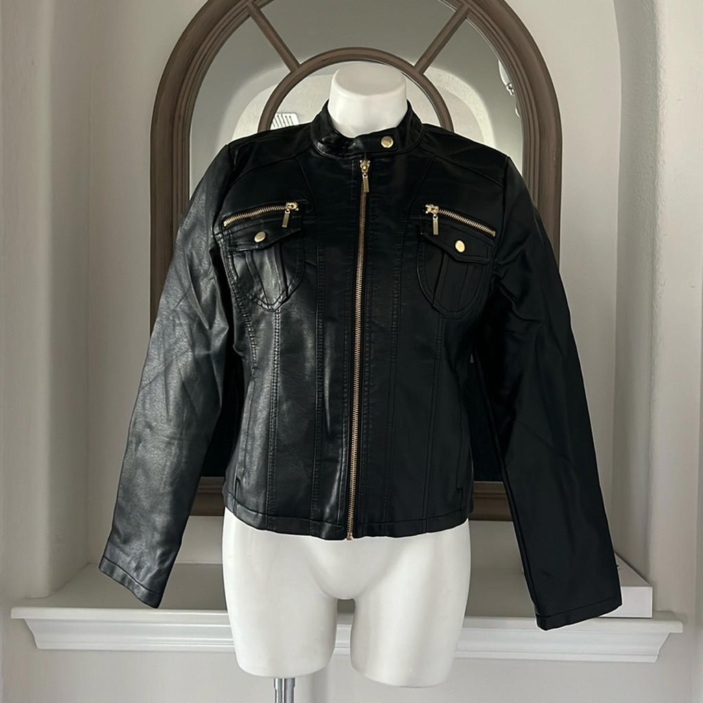 NEW LOOK Faux Leather Jacket in Black+Gold Tone Hardware, Size XL  New w/o Tag