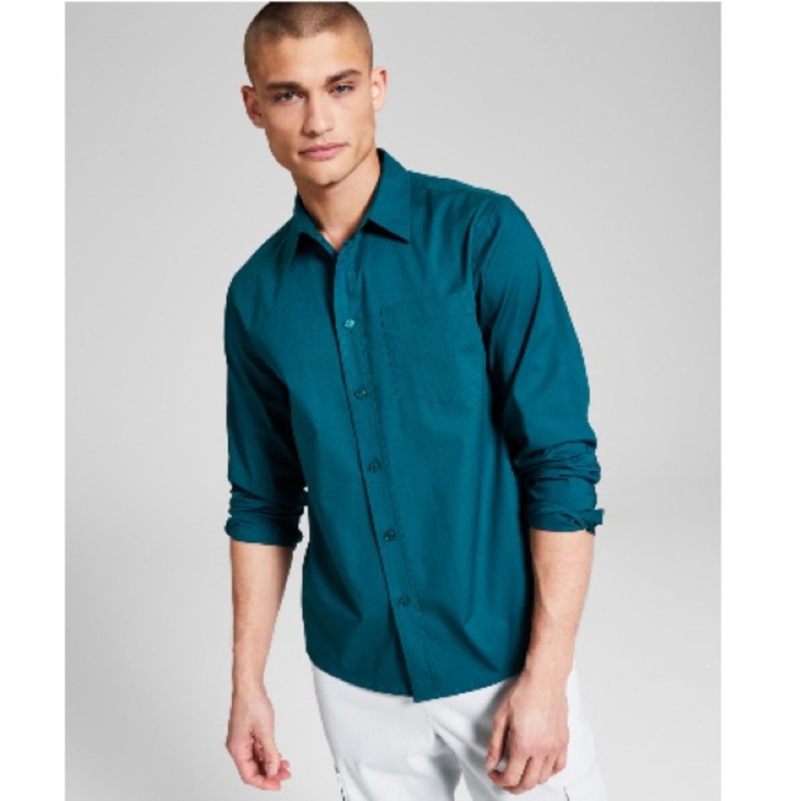 And Now This Poplin Long-Sleeve Wovens Button-Up Shirt, Teal Size L New w/Tag