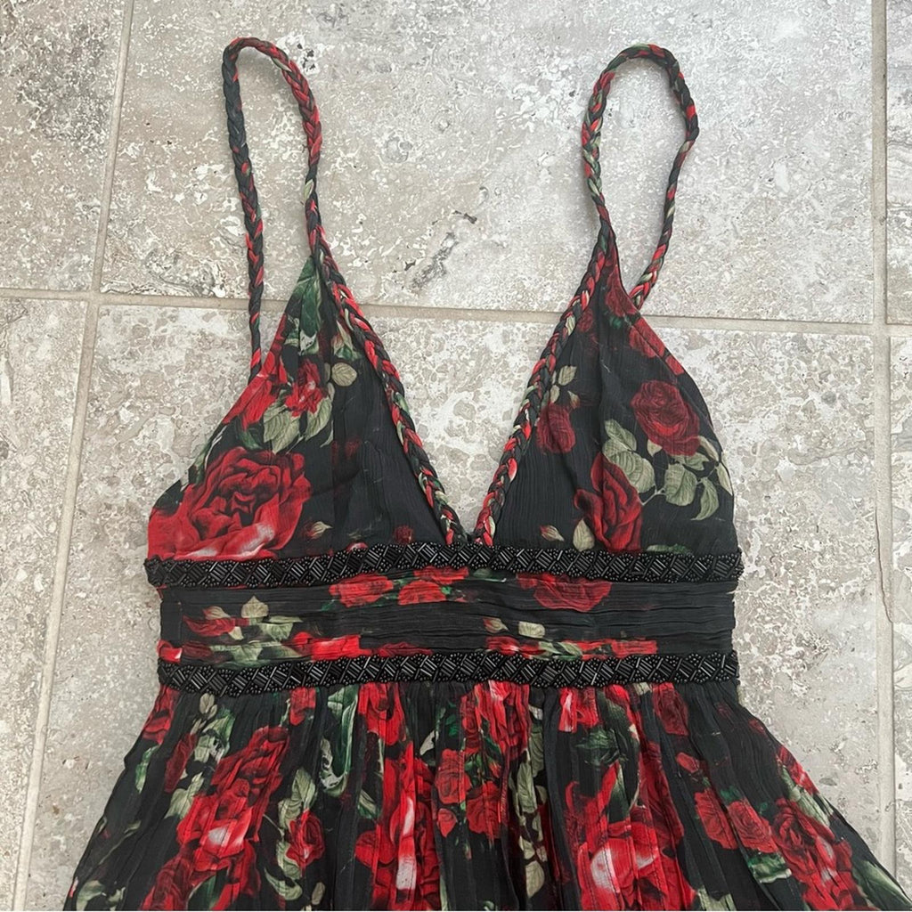 Rococo Sand Tiered Maxi Dress in Black/Red Roses, NWT, Size XS Retail $478