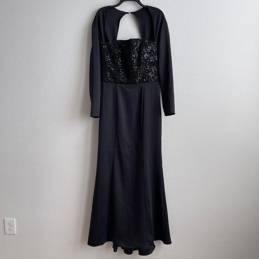 Amsale Sequined Beaded Bodice Gown, Stretch Crepe in Black, Size 10 NEW w/Tag