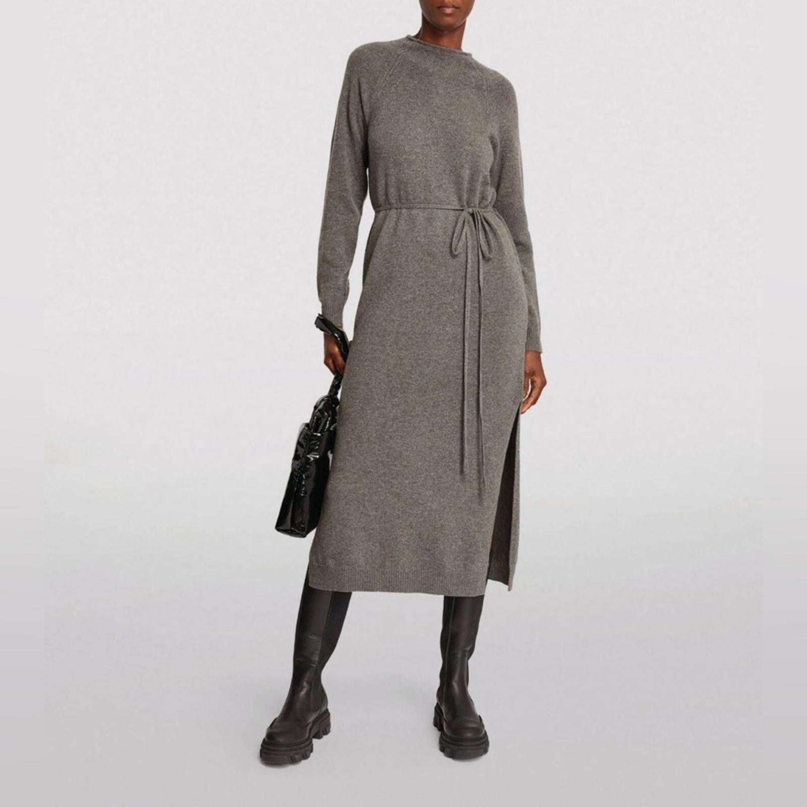 Theory Raglan Sleeve Wool-Cashmere Knit Midi Dress in Grey Melange, Size L, NEW