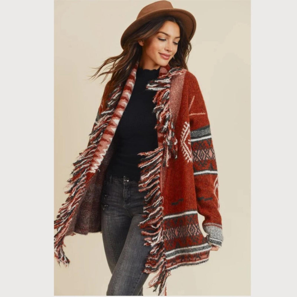 Doe & Rae Aztec Open Front Fringe Cardigan Sweater Brown Multi Size L EXCELLENT!