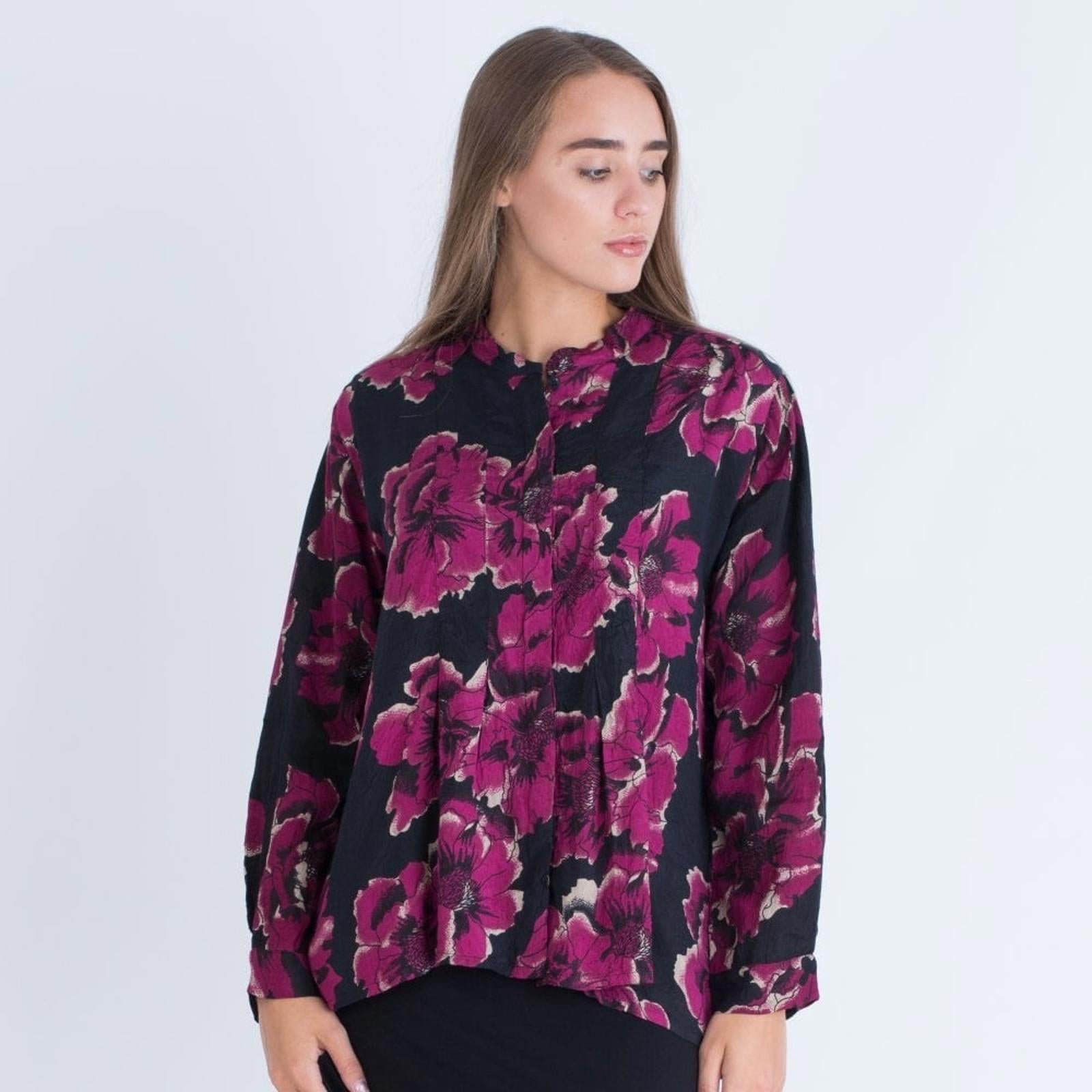 Masai Imka A-Shape Regular Big Peony Print Blouse Black & Pink Size M Retail £95