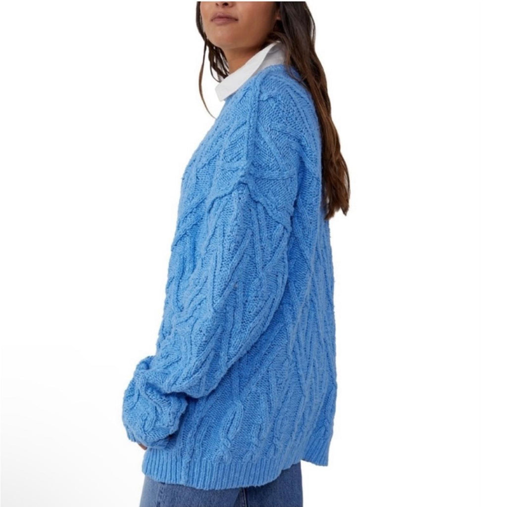 NEW Free People Isla Cable Knit Oversized Sweater, Marine Blue Size L