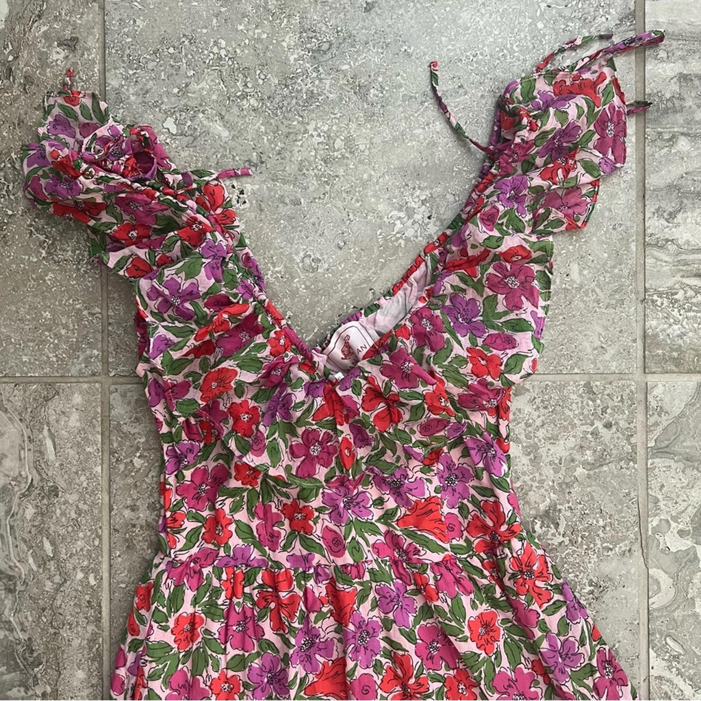 Banjanan Twiggy Floral Print Tiered Dress, Melodic Floral Bonbon, Size XS NWT