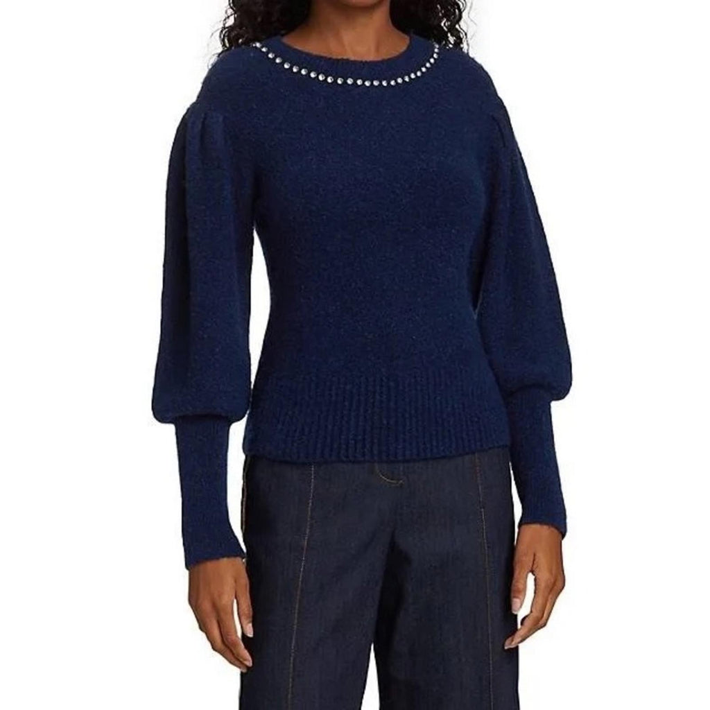 Cinq à Sept Dara Embellished Wool Sweater, Midnight Blue Size XL NEW w/Tag $325