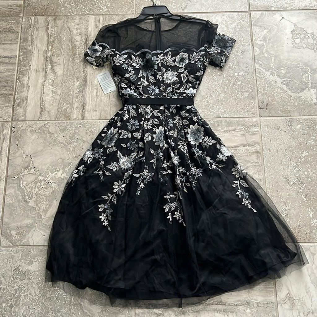 Eliza J. Embroidered Illusion Fit & Flare Dress w/Pockets Black Size 2 New w/Tag