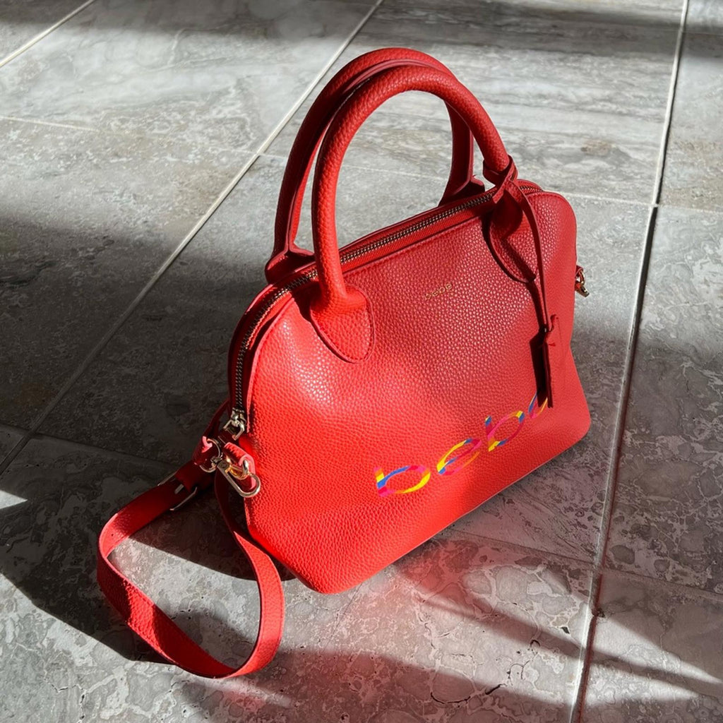 bebe Fabiola Dome Logo Satchel Crossbody Handbag, Ruby Red Orange Excellent