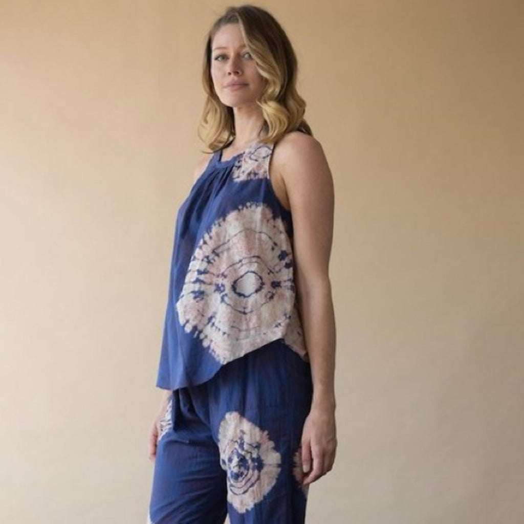 Raquel Allegra Voile Block Print Shirred Sleeveless Top, Blue/Red Size 0 $132.50