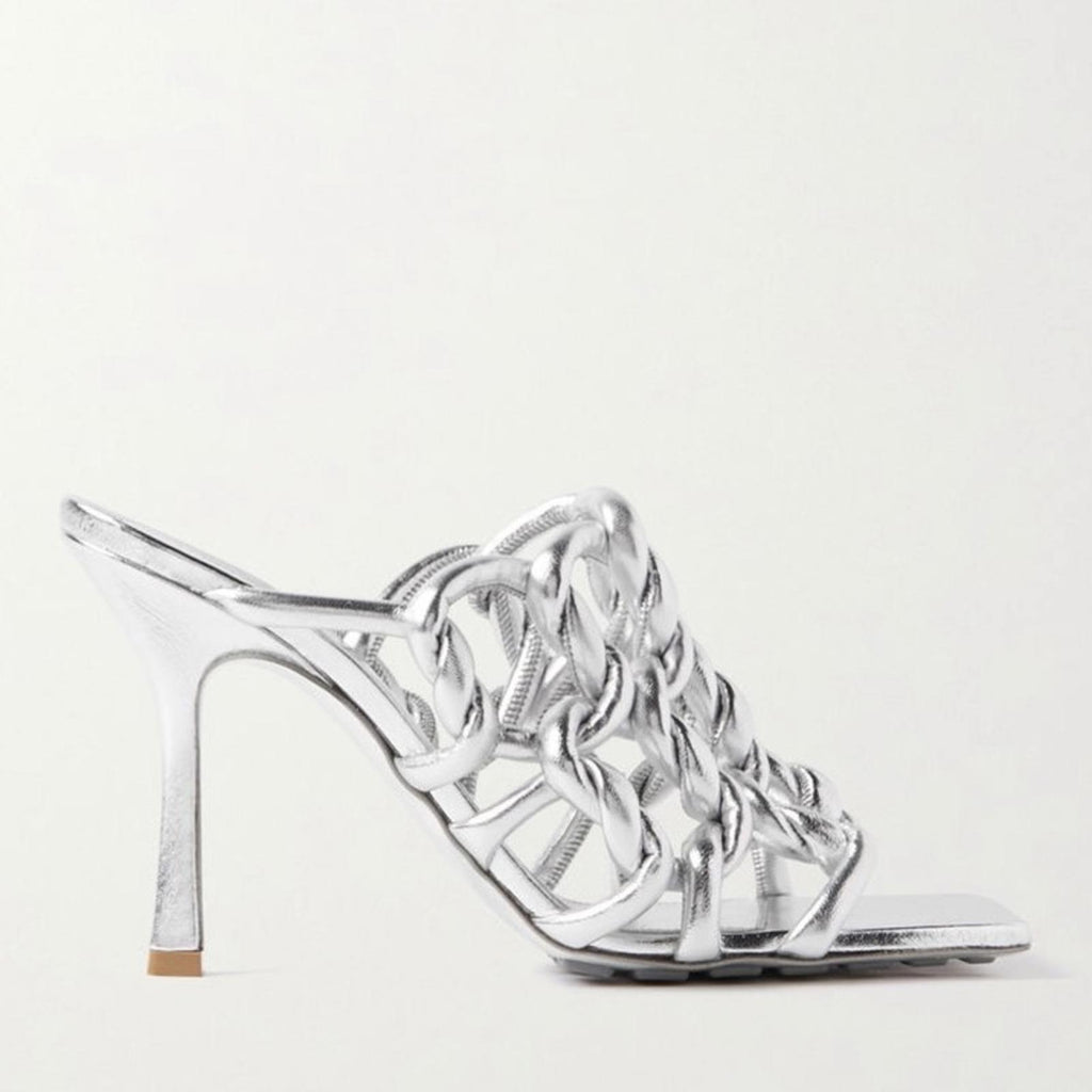 Bottega Veneta Stretch High Heel Slide Sandals in Silver Size 37.5 NEW+2DustBags