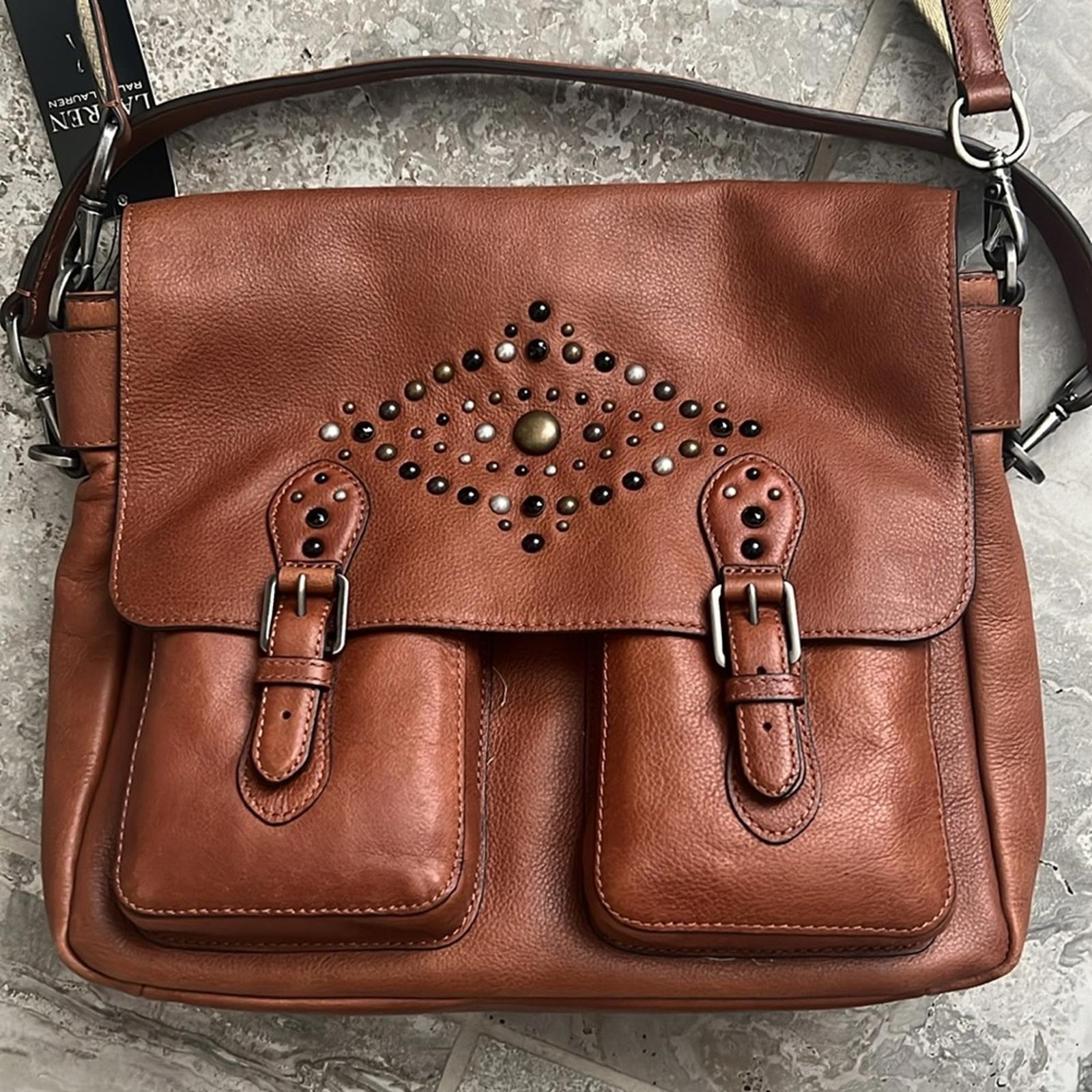 Ralph Lauren Studded Leather Noa Crossbody with Front Pockets, Brown, New w/Tag