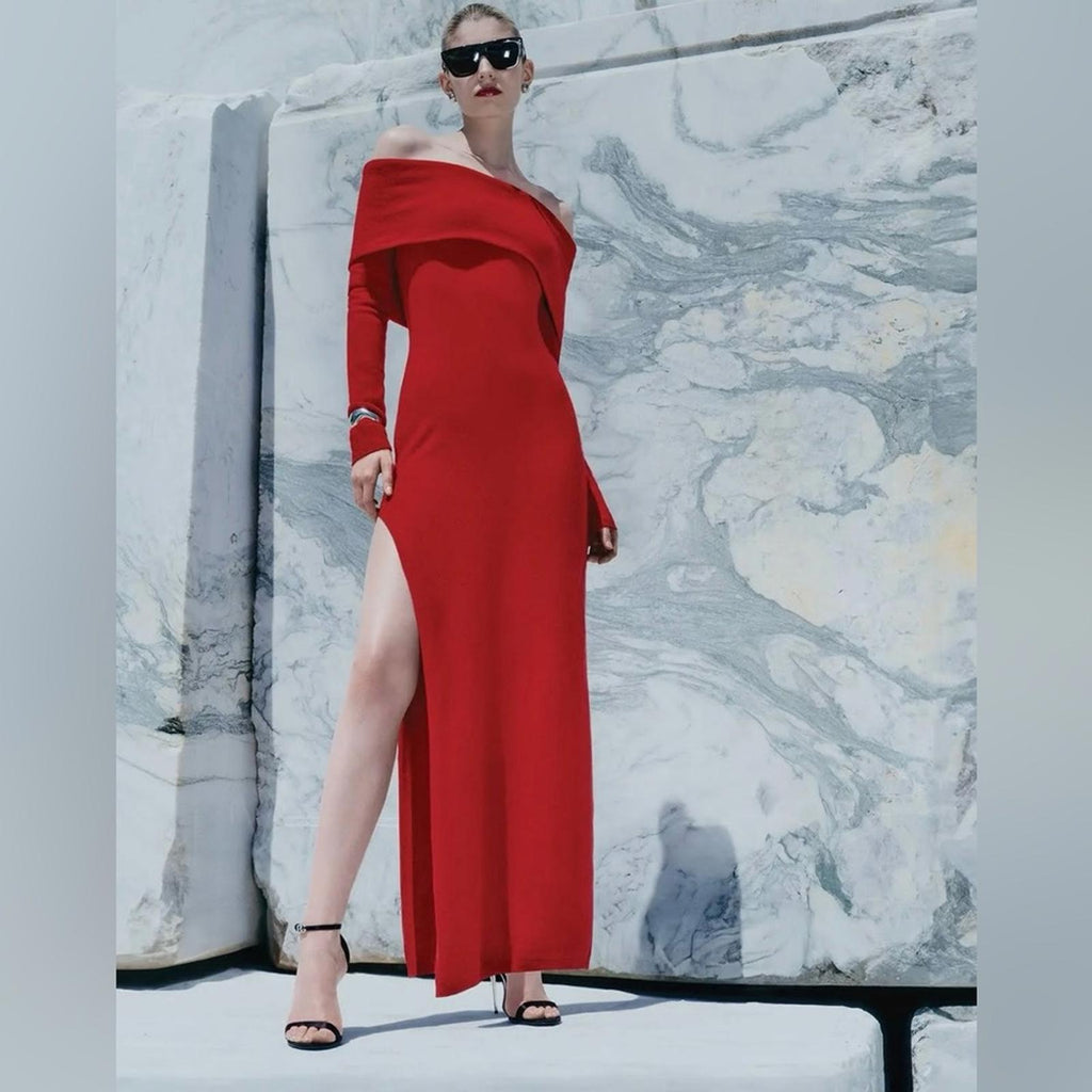 Alice+Olivia Coretta Off-the-Shoulder Long Sleeve Maxi Dress in Red, NWT, Size L
