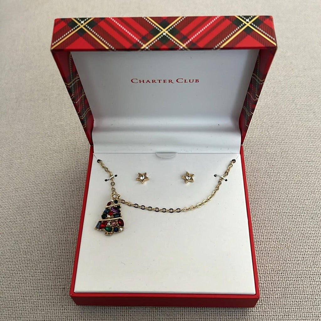 Charter Club Crystal & Faux Pearl Tree Pendant Necklace & Star Stud Earrings Set