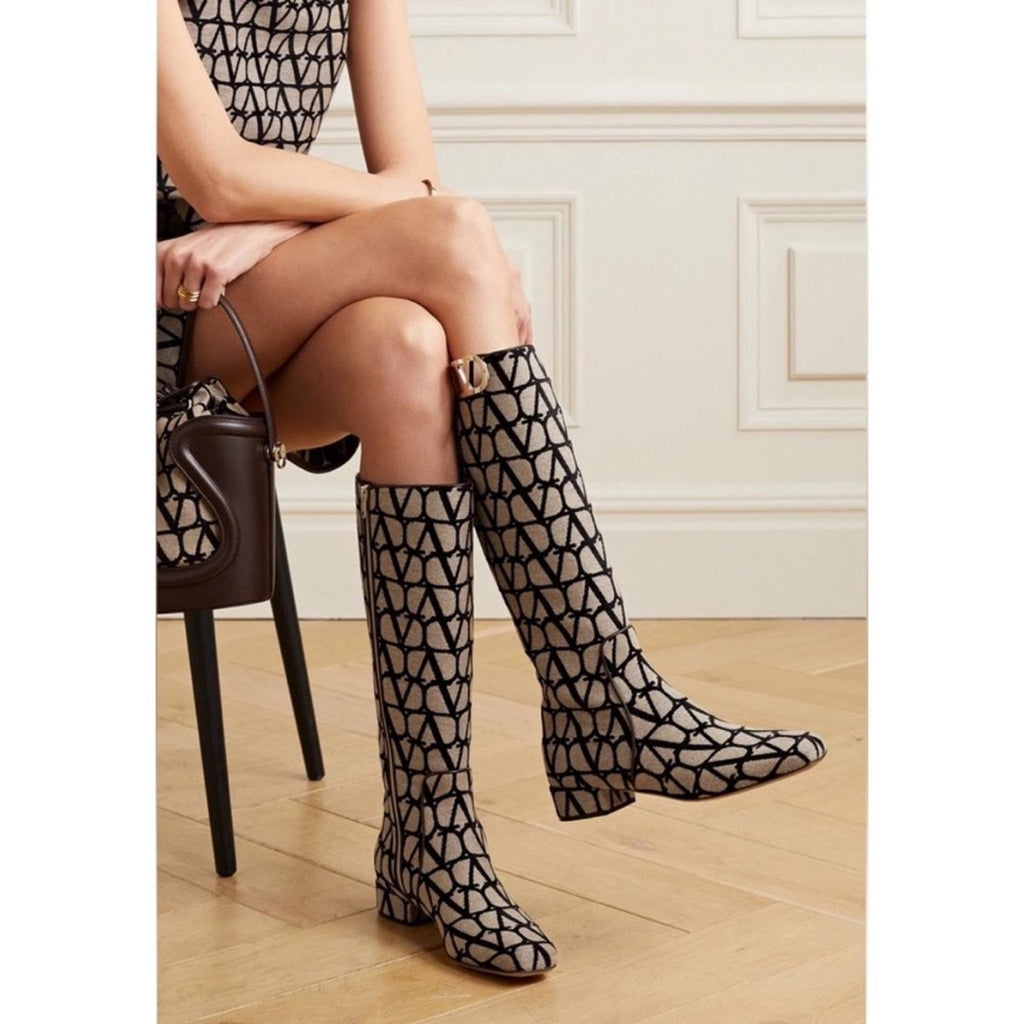 Valentino Garavani Toile Iconographe V-Logo Knee-High Boots, Size 37 +Box NEW