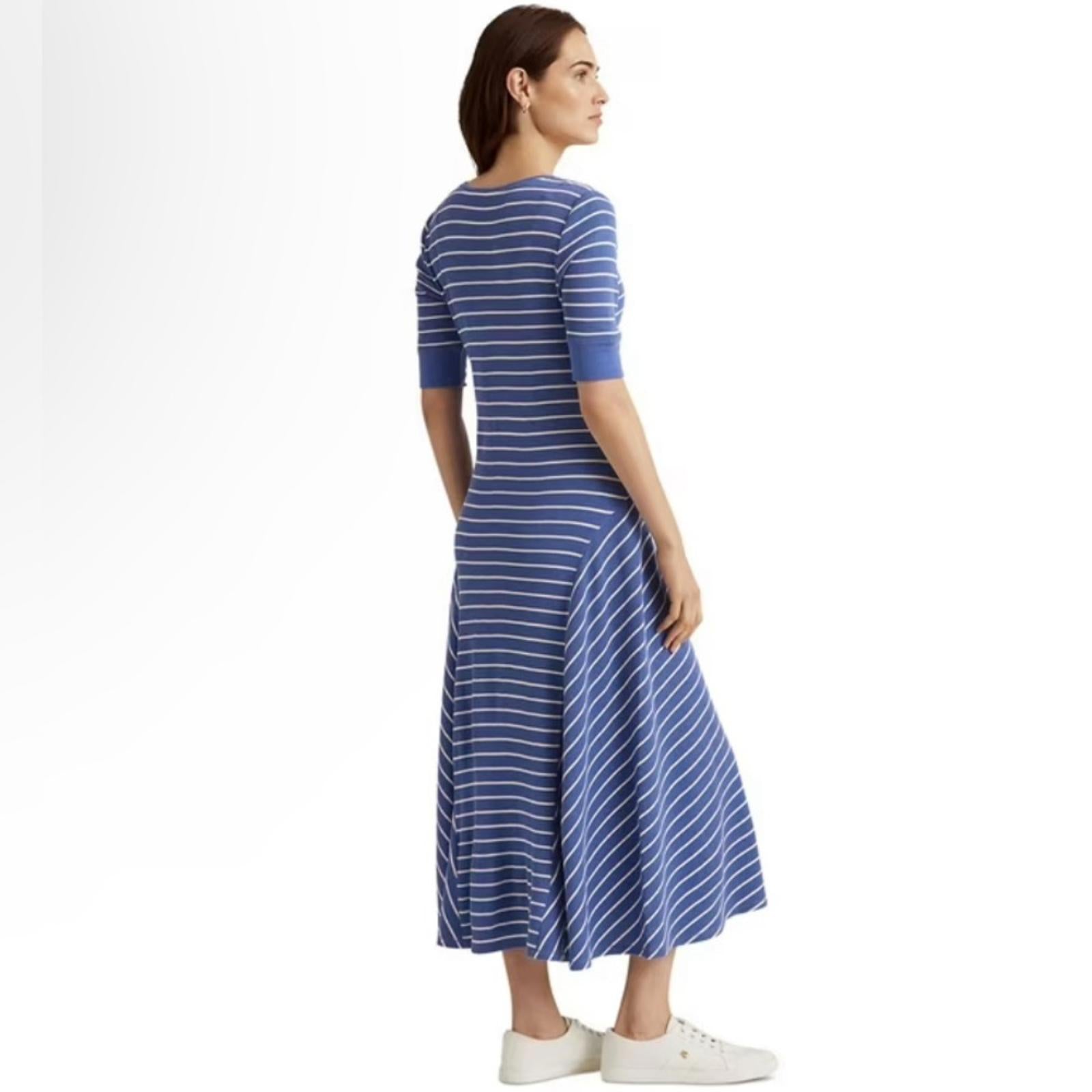 Ralph Lauren Front Button V-Neck Dress in Blue & White Stripes, NEW, Size XL
