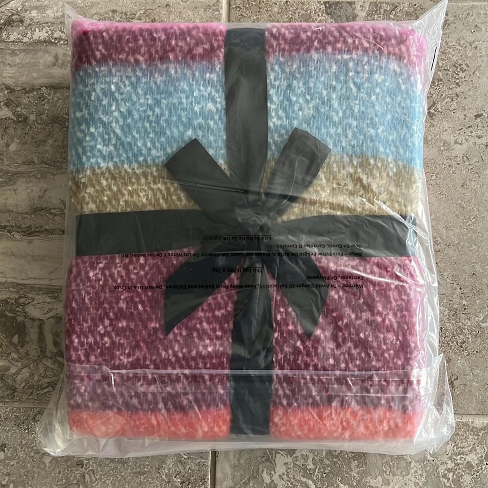 AQUA Bedding Faux Mohair Plaid Throw, 50” x 60” Multi Stripe New w/Tag