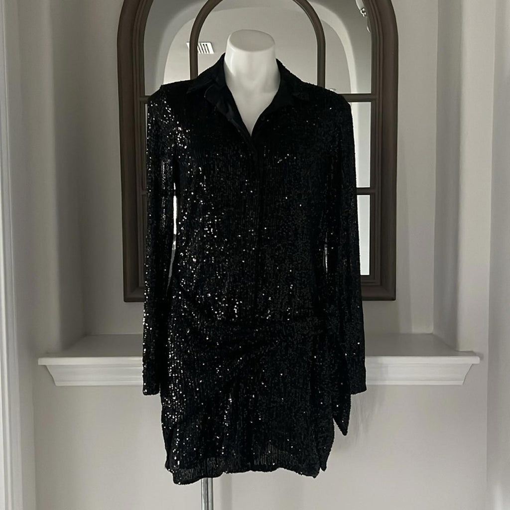 Parker Black Faux Wrap Button Front Mini Dress, Sequin Black Size S