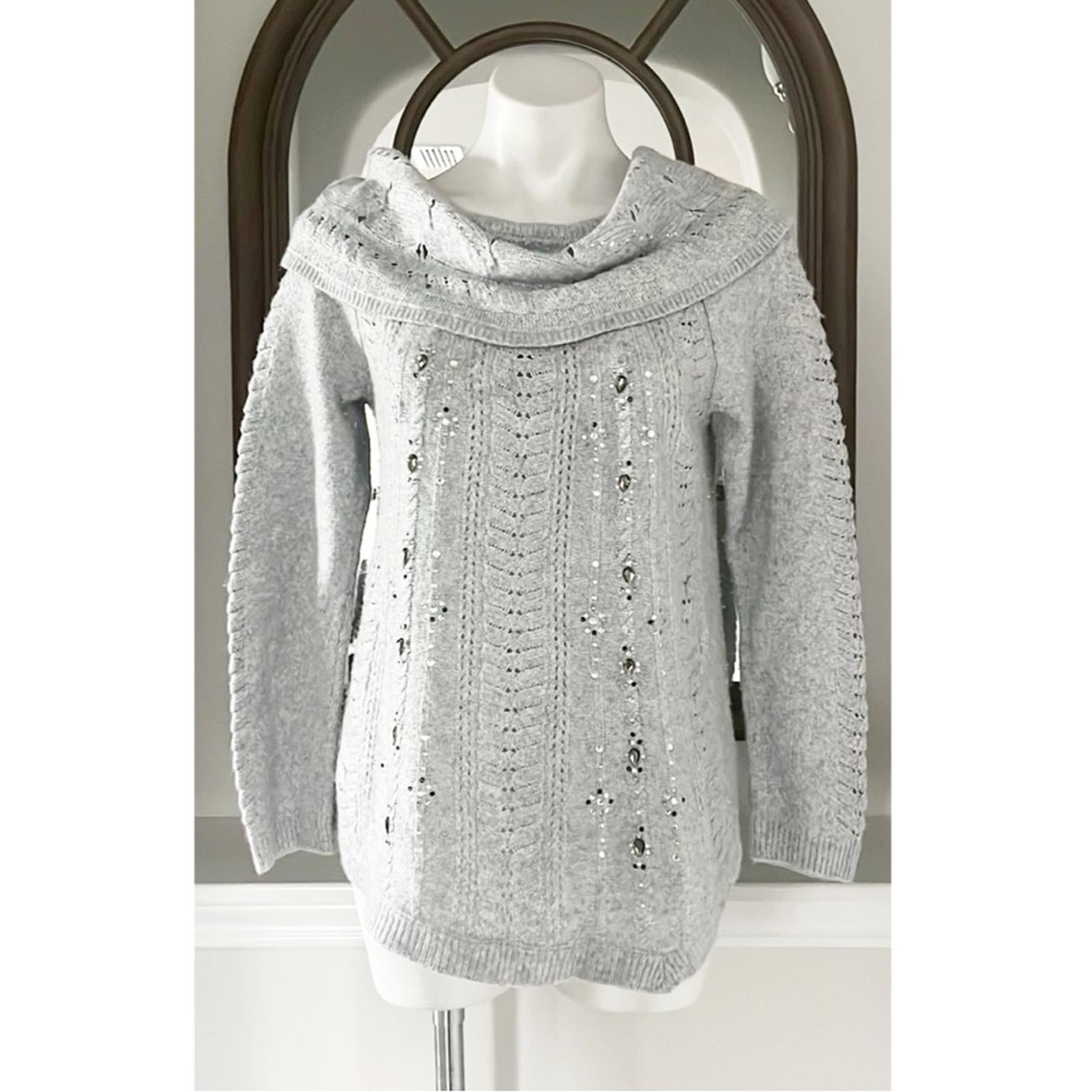WHBM Embellished Cowl Neck Pullover in Heather Grey, Size L EXCELLENT!