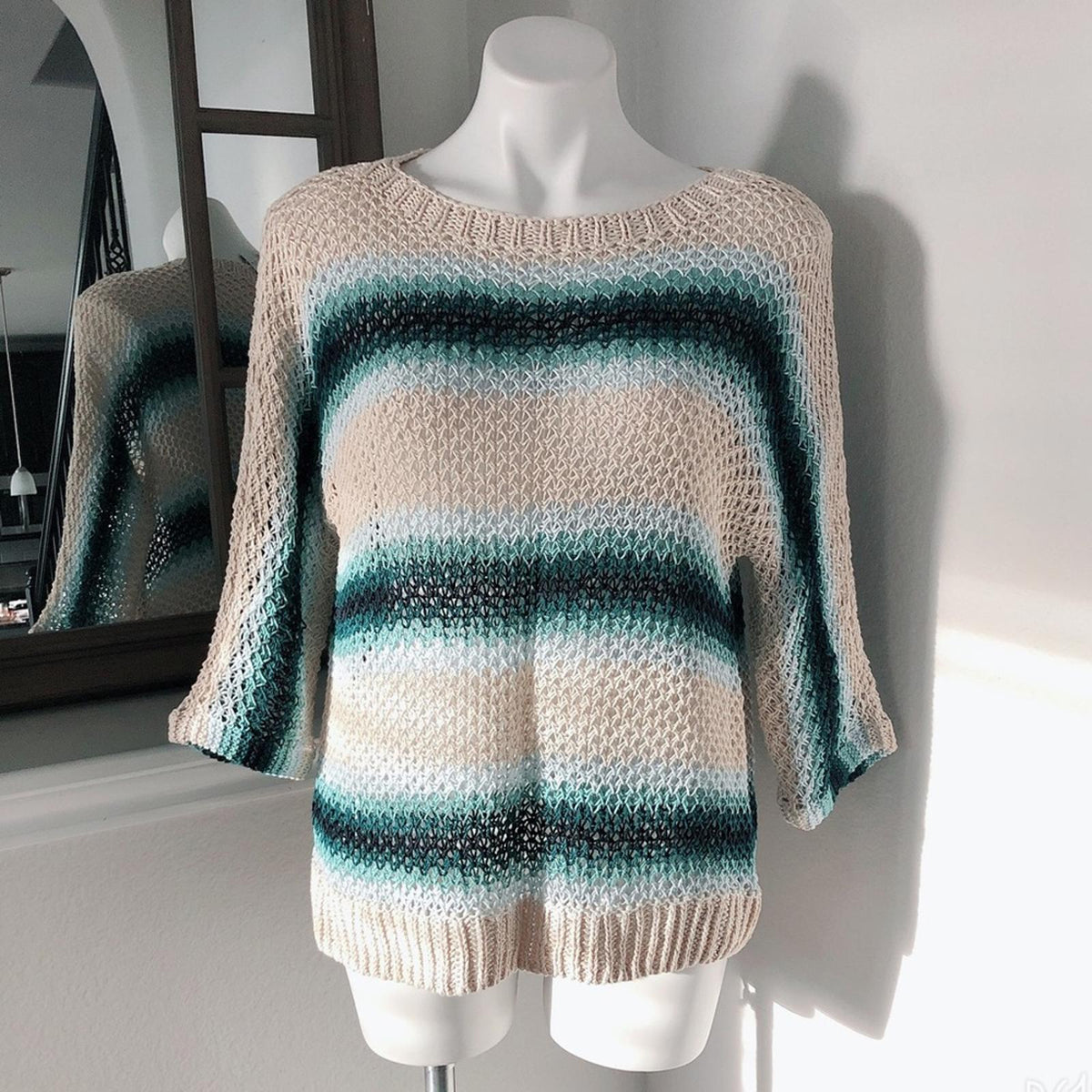 J.Jill Linen Crochet Sweater in Navy Blue Multicolor Top, Size M, New w/Tag