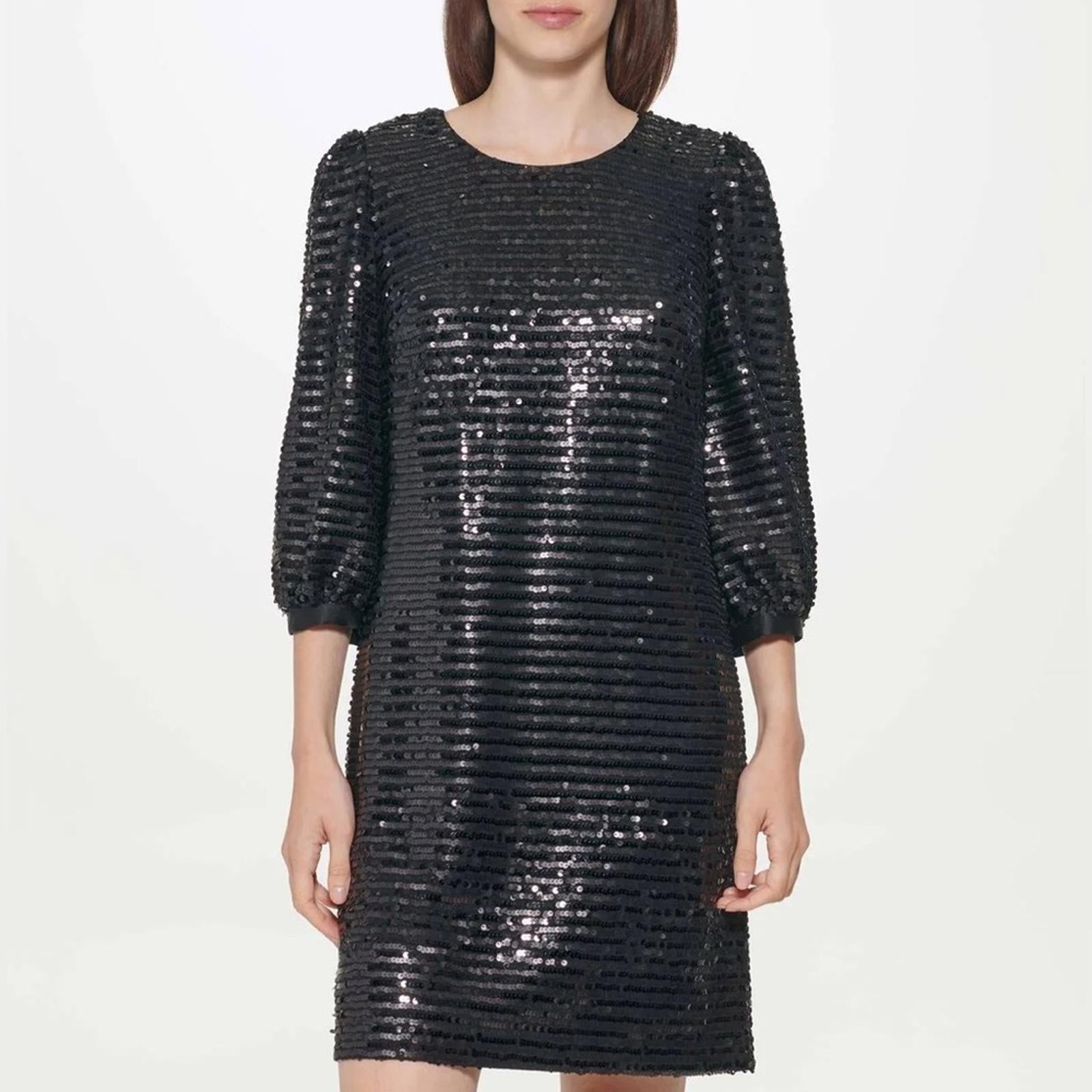 Karl Lagerfeld Sequin Puff Sleeve Shift Dress in Black, Size 0 New w/Tag