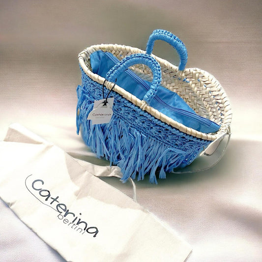 Caterina Bertini Fringe Mini Tote + Large Tote, Blue (Made in Italy) New w/Tag