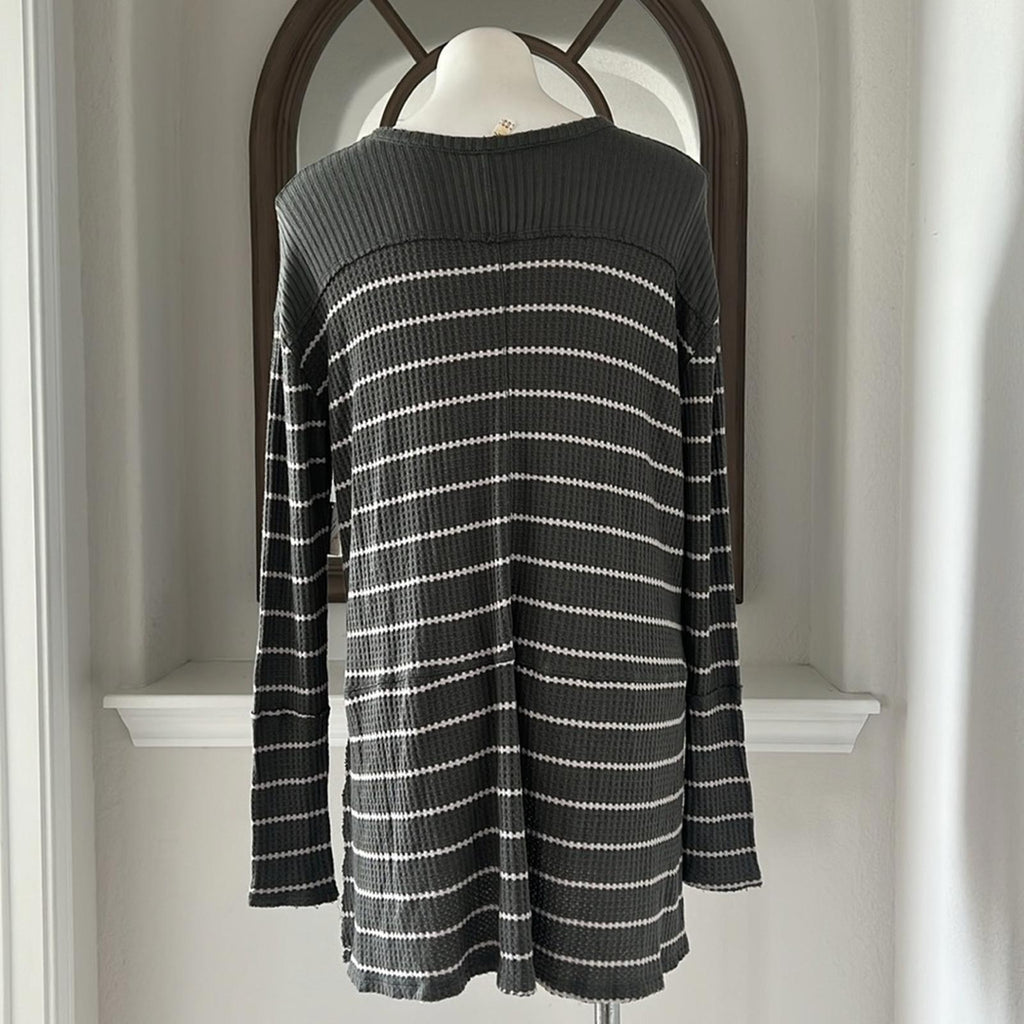 Free People Sunset Park Grey Oversized Striped Waffle Thermal Sweater Size M NWT