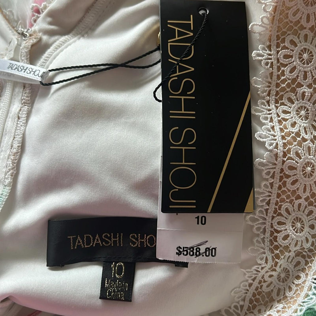 Tadashi Shoji Floral Pleat Chiffon Trumpet Gown White Floral, Size 10 NWT $588