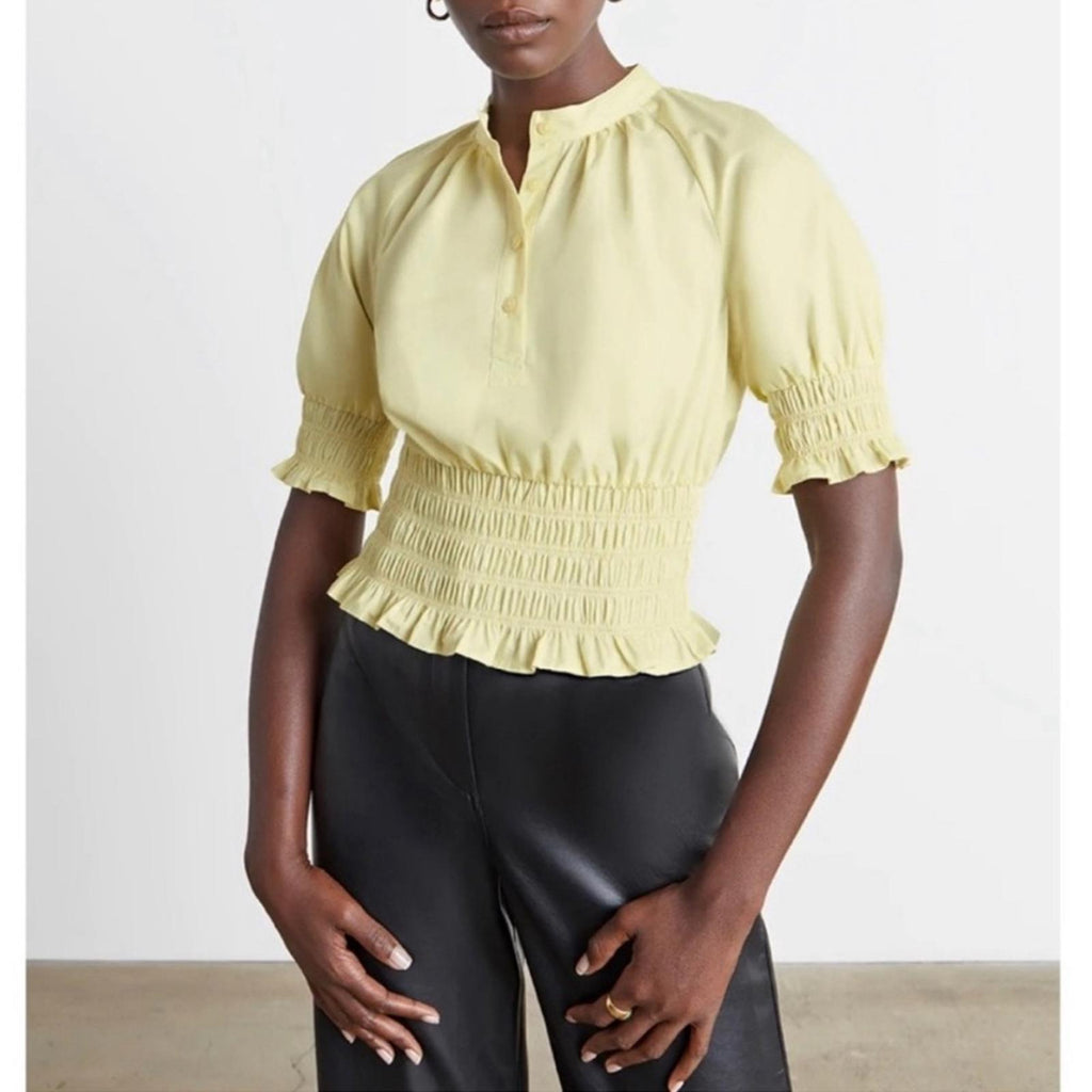 WhoWhatWear Harper Smocked-Waist Top in Lemon, NWT, Size S