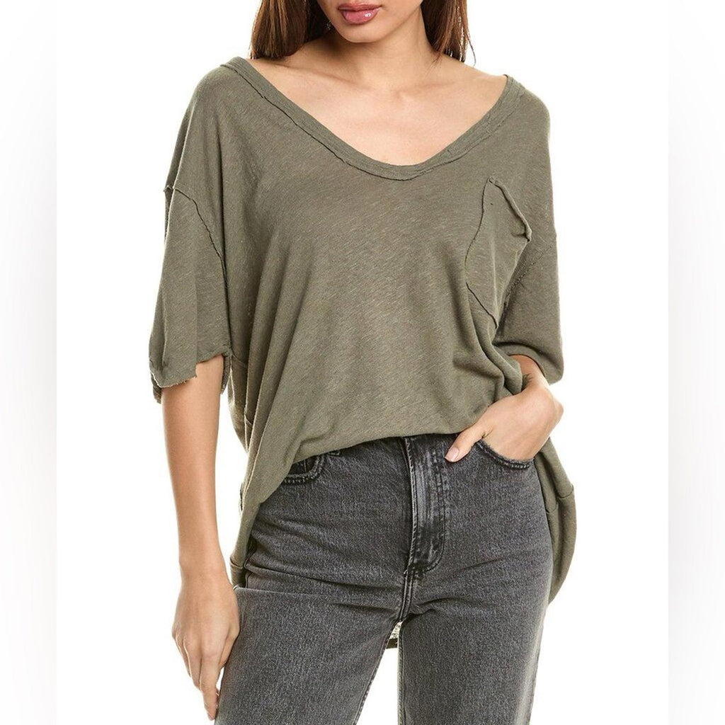 Free People Slouchy V-neck T-shirt in Khaki, Size M NEW w/Tag