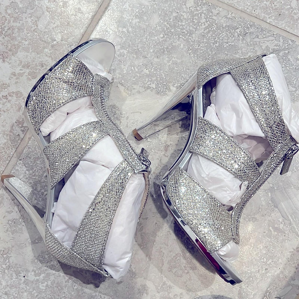 NEW Michael Kors Berkeley T-Strap Glitter Silver Heels, Size 5.5 M Retail $150