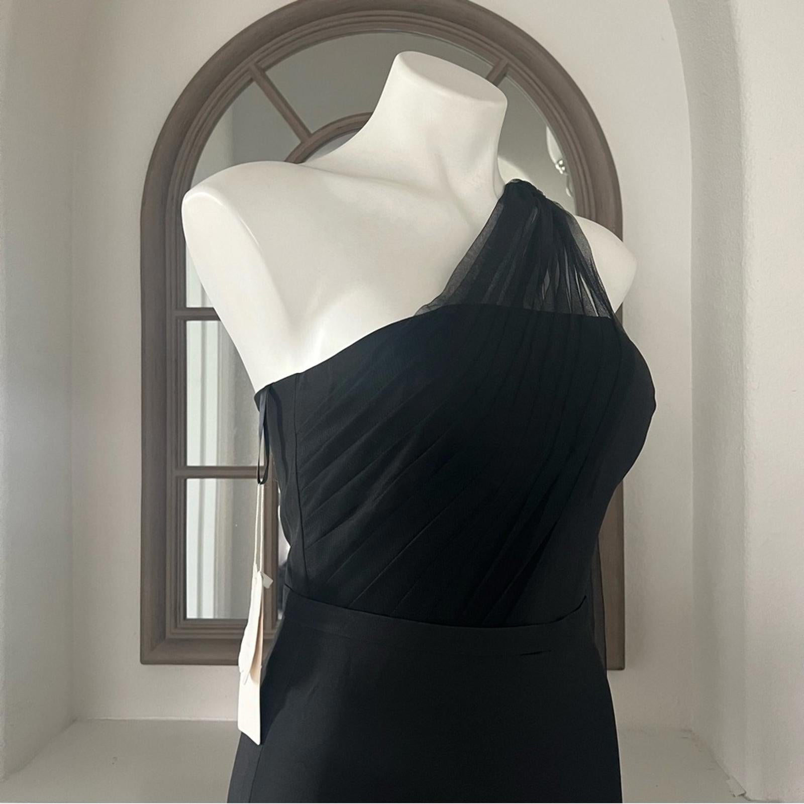 HEBEOS Sheath Stretch Crepe Ruched One-Shoulder Sweep/Train Dress, Black