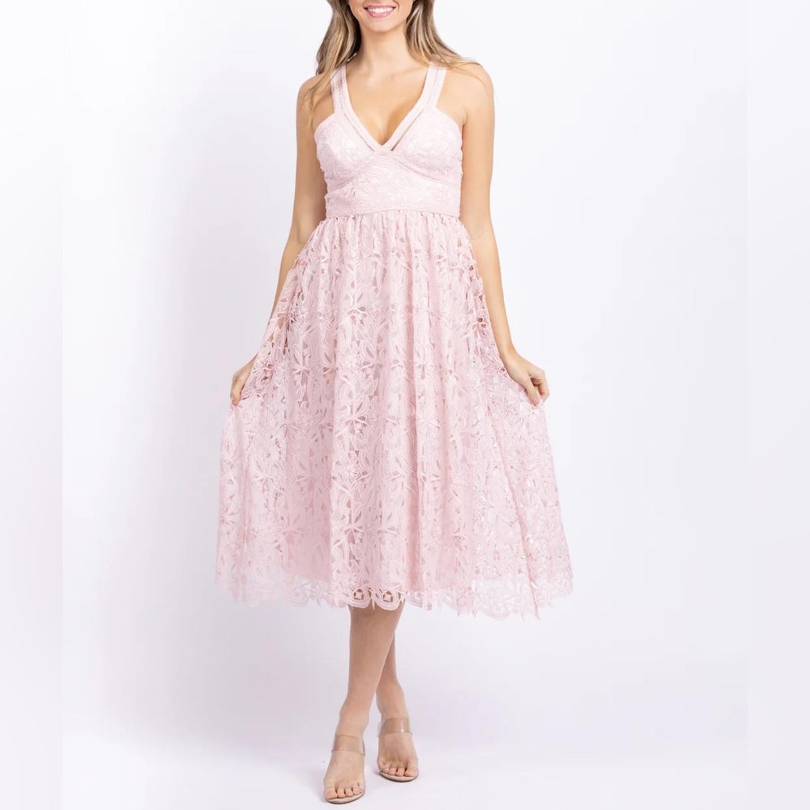 ML Monique Lhuillier Lace Halter Midi Dress in Rose Quartz NWT, Size 10