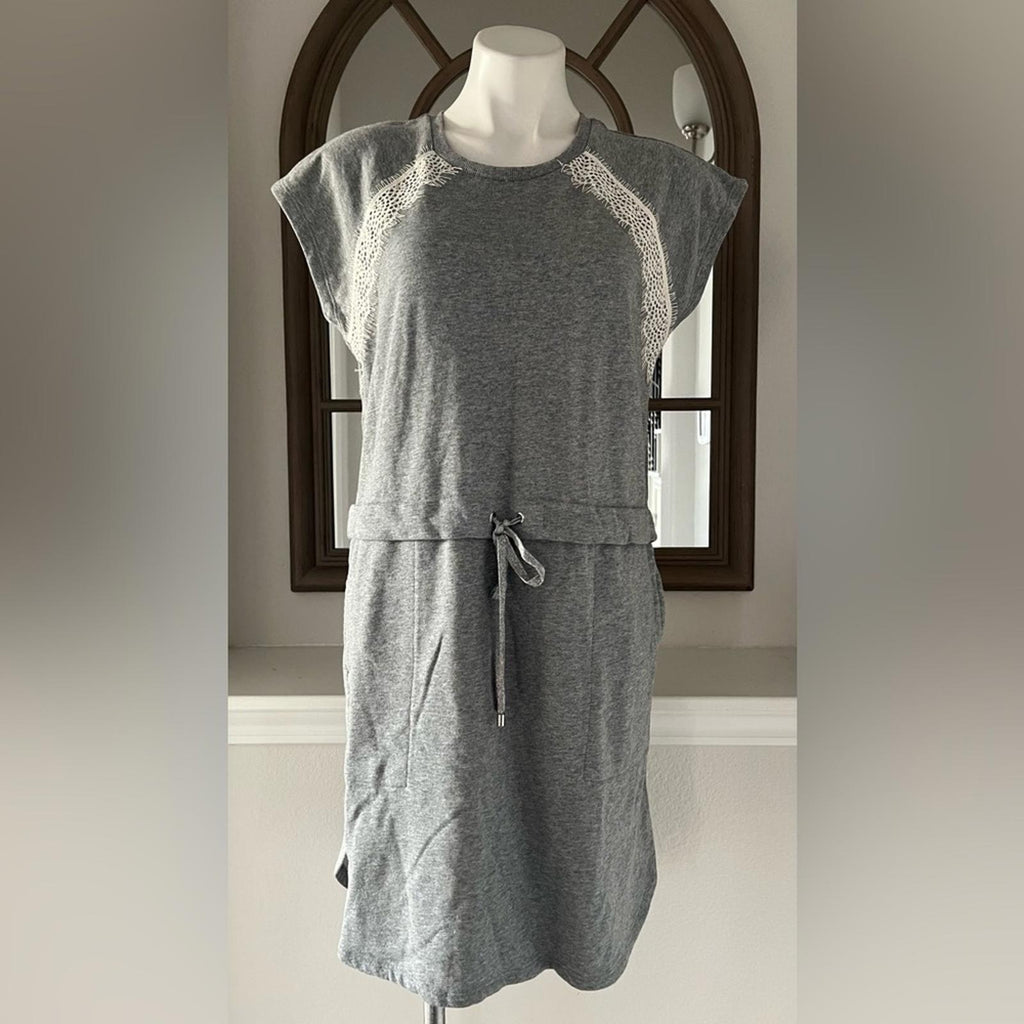 DKNY Lace Drawstring-Waist Crewneck Short Shift Dress Heather Grey, NWT, Size M