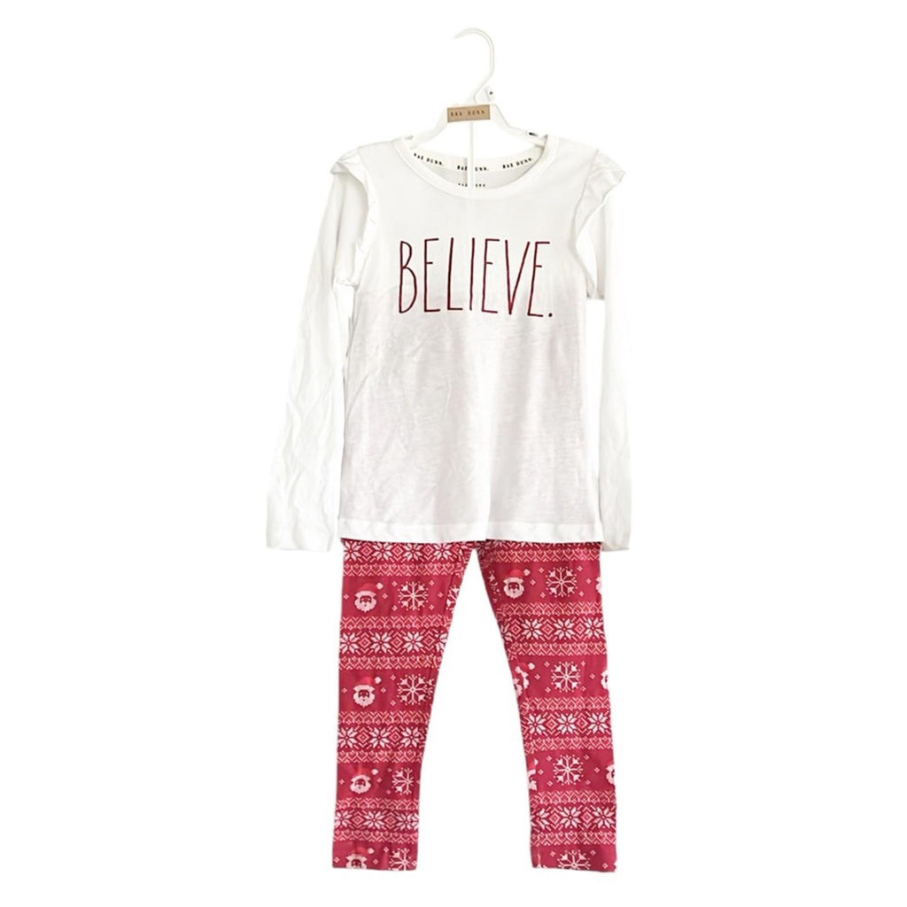 Rae Dunn 2Pc “BELIEVE” Long Ruffle-Sleeve Shirt & All-Over Print Leggings 6X NWT
