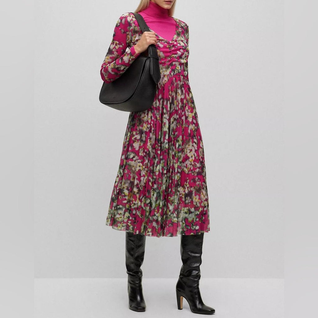 HUGO BOSS Long Sleeve Dress in Plissé Tulle with Seasonal Print Size S NEW w/Tag